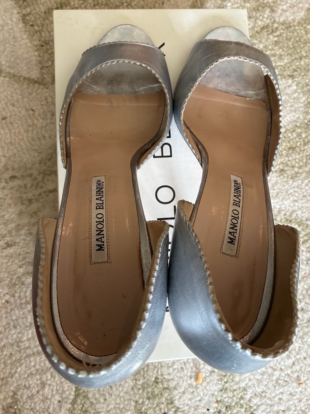 Manolo Blahnik Metallic Silver Open-Toe D'Orsay Heels